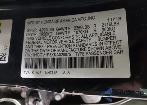 2019 Honda Accord Ex-L from USA, damaged, VIN 1HGCV1F5XKA020875